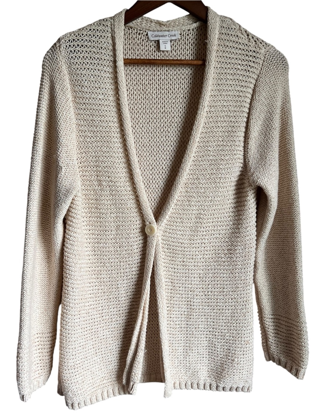 Coldwater Creek Womens S Open Knit Cardigan Sweater Ivory Fisherman Coastal Boho
